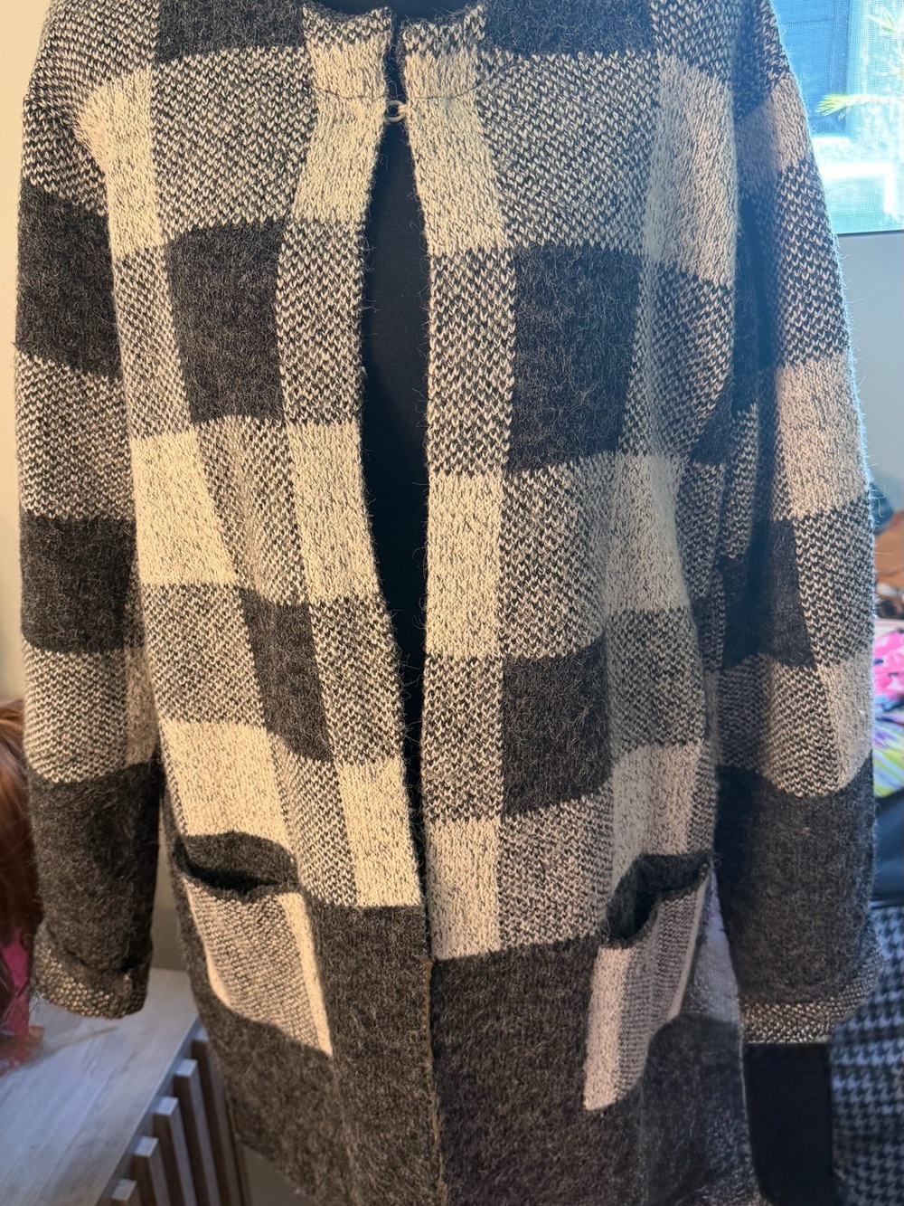 Yaira Checked Open Front Long Cardigan Sweater. Black, Gray, White XL EUC